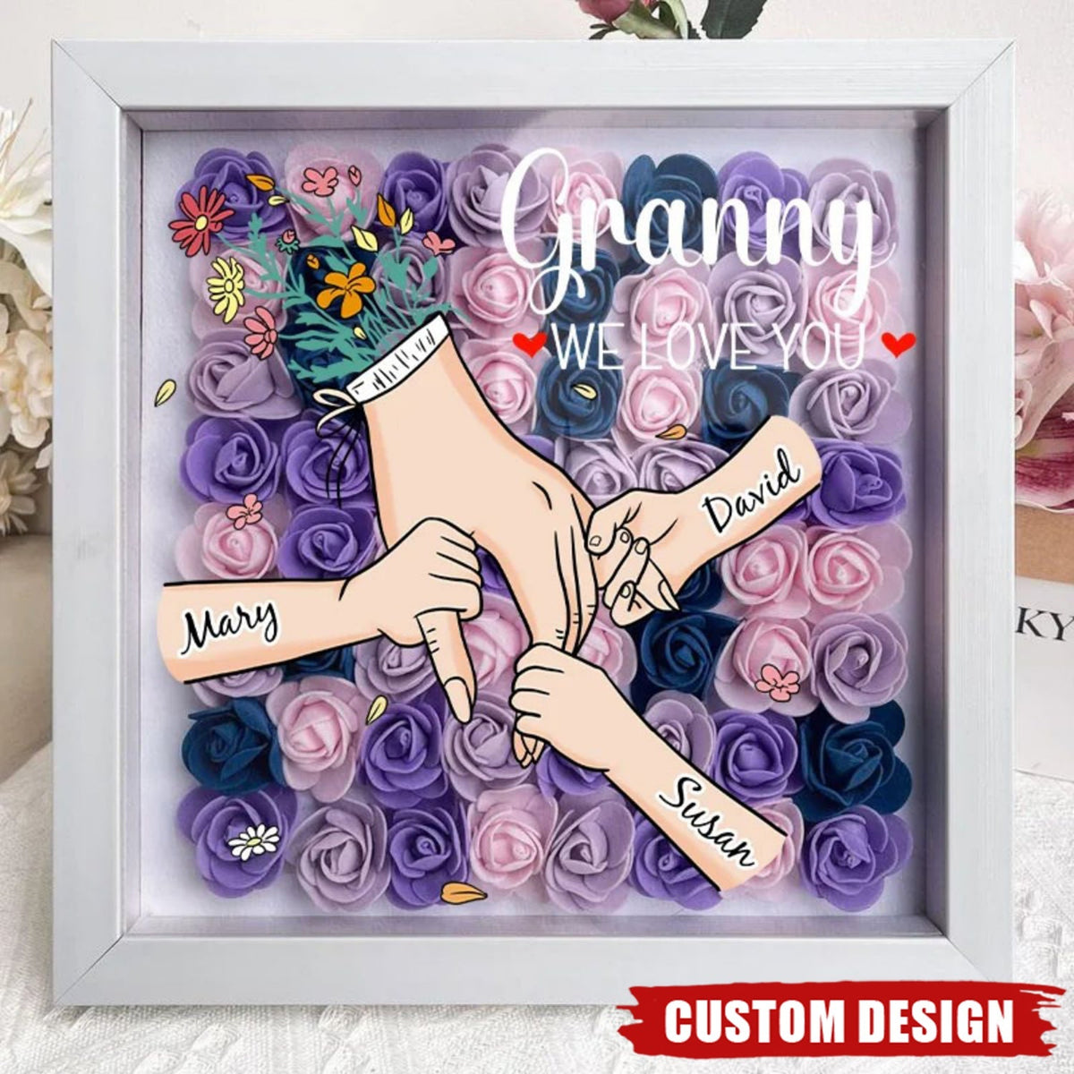 Grandma/Mom We Love You - Personalized Flower Shadow Box With Name