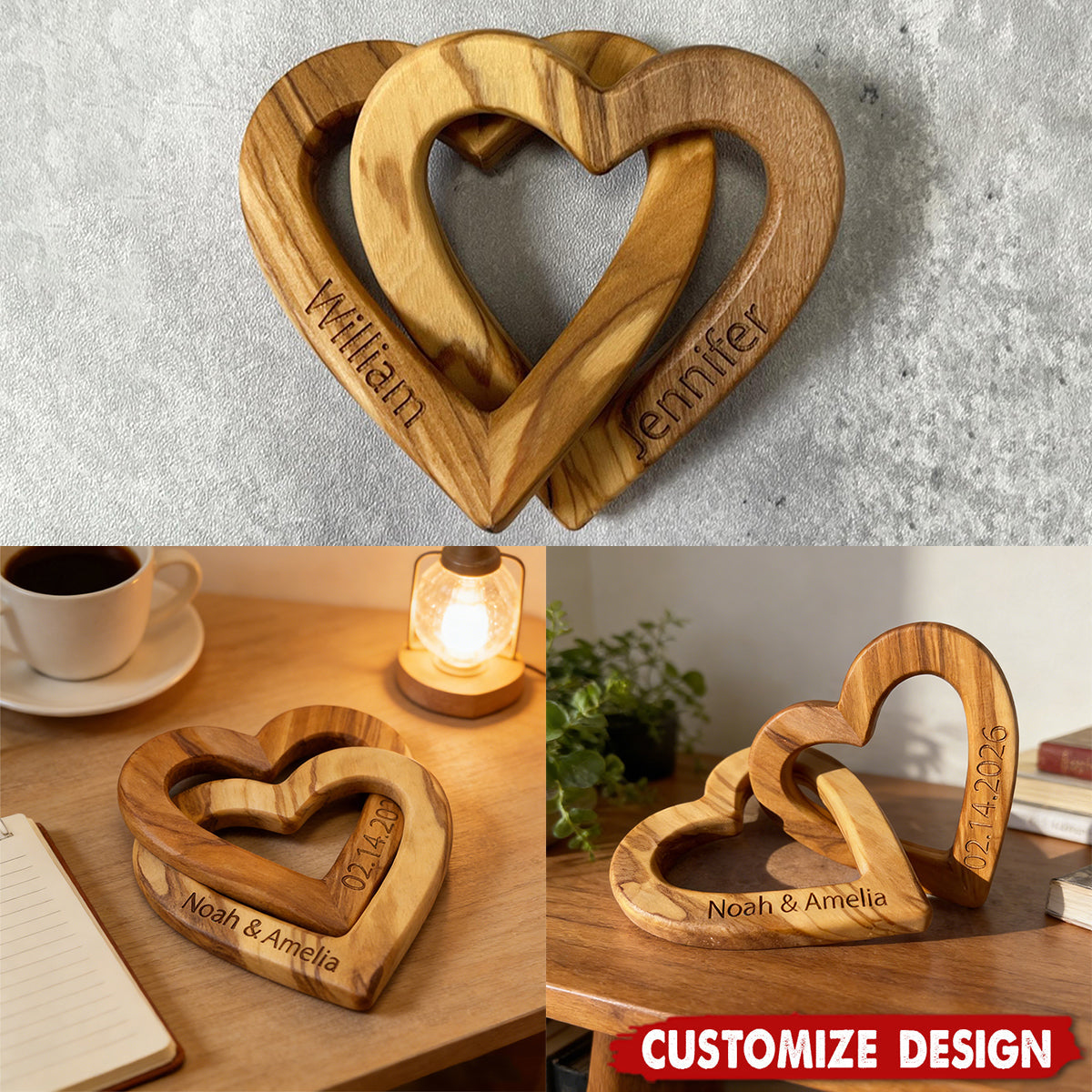 Interlocking Hearts Personalized Wood Sculpture, Wooden Infinity Hearts, Valentine’s Day Gift