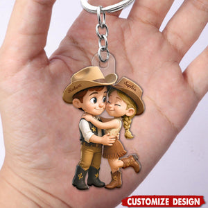 Cartoon Style Countryside Couple Cowboy Cowgirl Personalized Keychain
