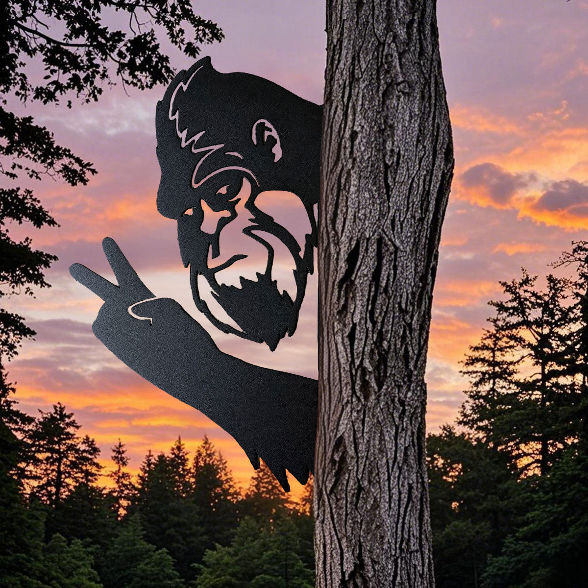 Peek-a-Boo Peace Sign Bigfoot Metal Sign – Peace Sign Edition - Sasquatch Peace Sign