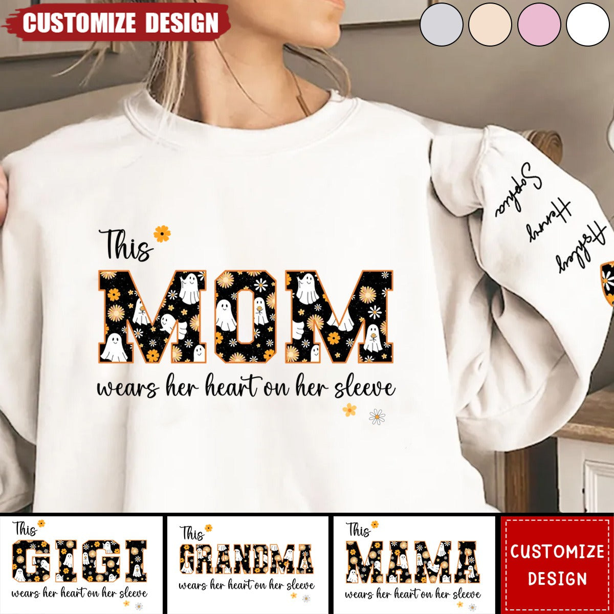 Halloween This Mama Wears Her Heart on Her Sleeve Personalized Sleeve Printed Sweatshirt