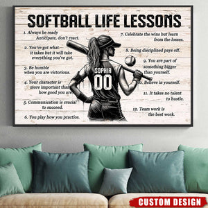 Softball Life Lessons Personalized Canvas, Custom Softball Poster Print, Motivational Softball Gift for Girls, Women, Softball Players
