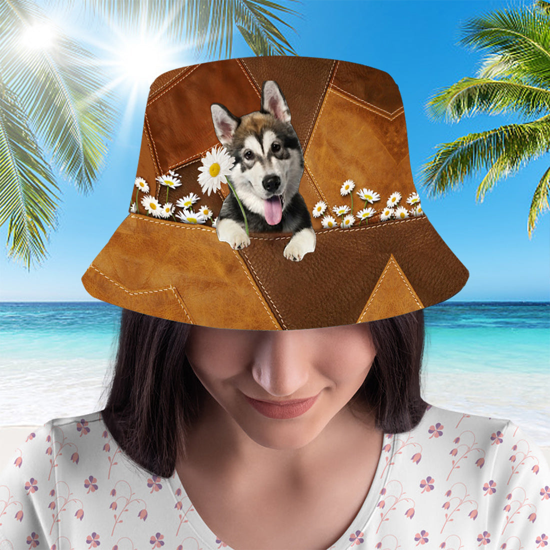 Alaskan Malamute Holding Daisy Bucket Hat