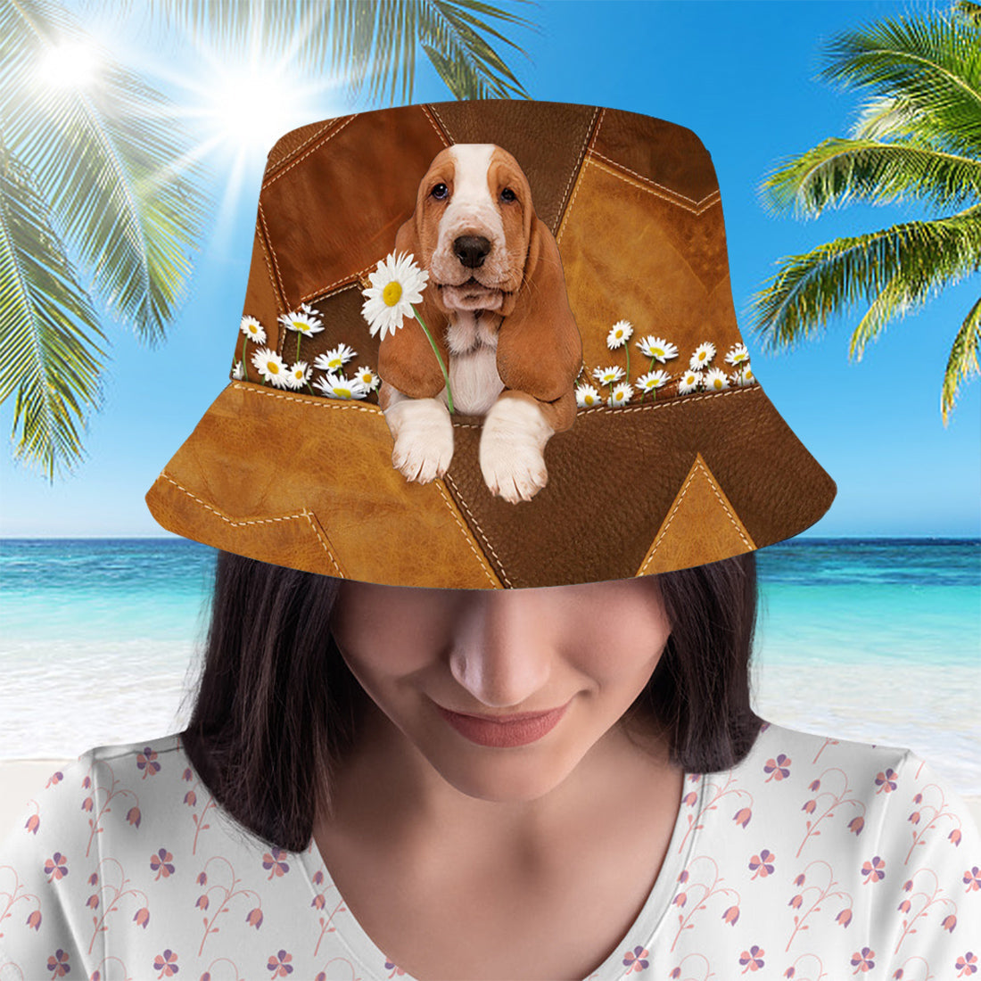 Basset Hound2Holding Daisy Bucket Hat