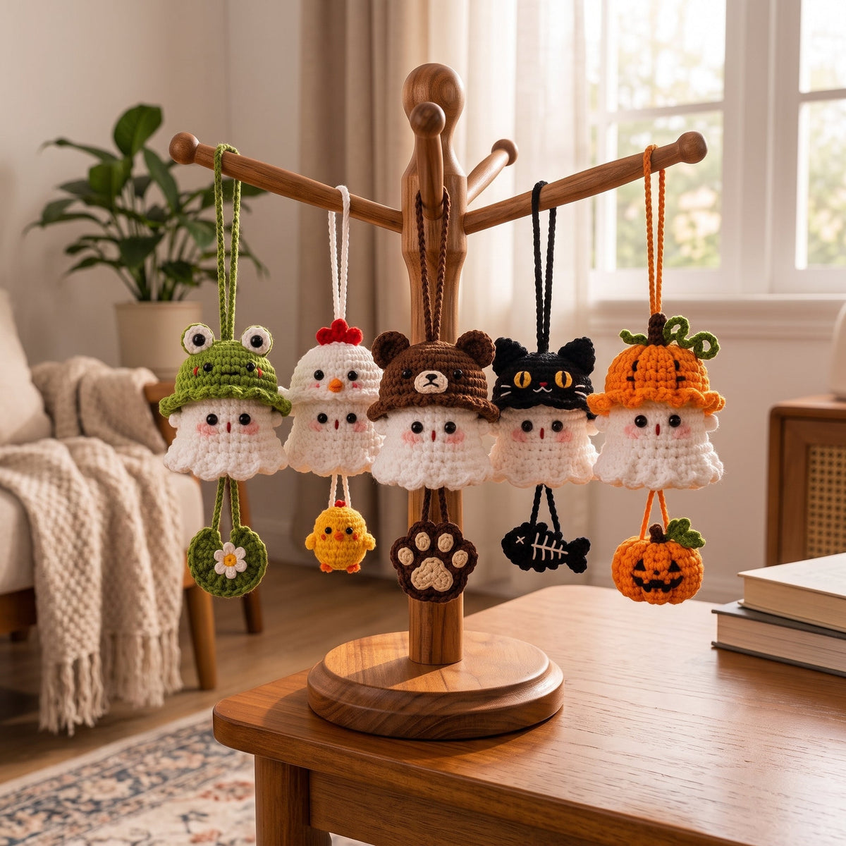 Halloween 2026 Crochet Ghost Car Charm, Handmade Mirror Accessory, Cute Spooky Car Ornament