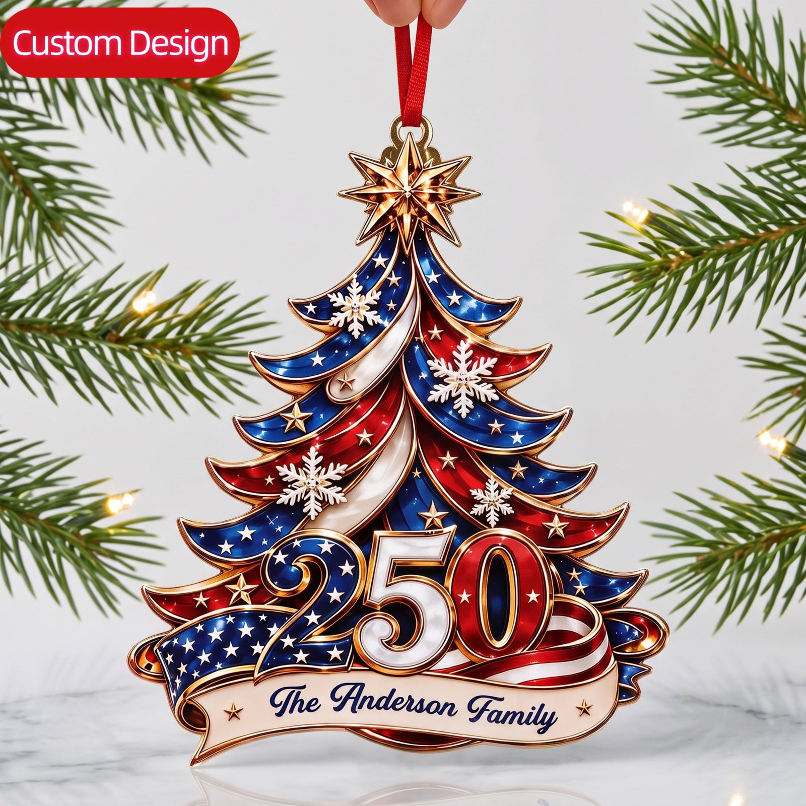 Personalized 250th Anniversary USA Flag Christmas Ornament - Patriotic 2026 Holiday Decor Gift for Home