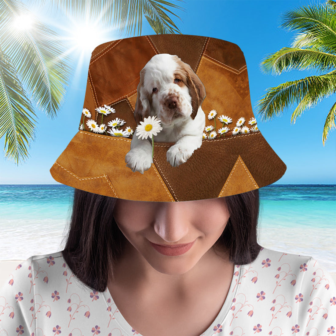 Clumber Spaniel Holding Daisy Bucket Hat