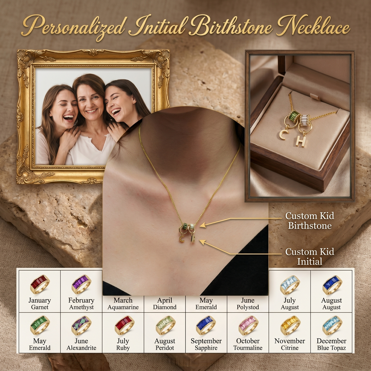 Personalized  Initial Birthstone Necklace-Mothers Day Gift