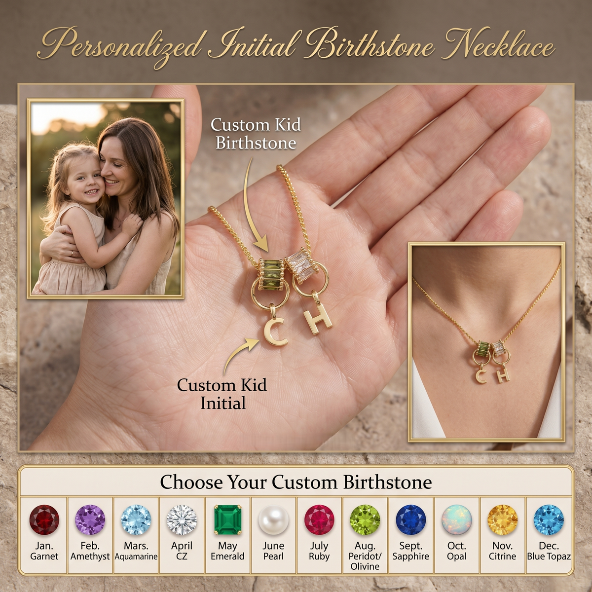 Personalized  Initial Birthstone Necklace-Mothers Day Gift