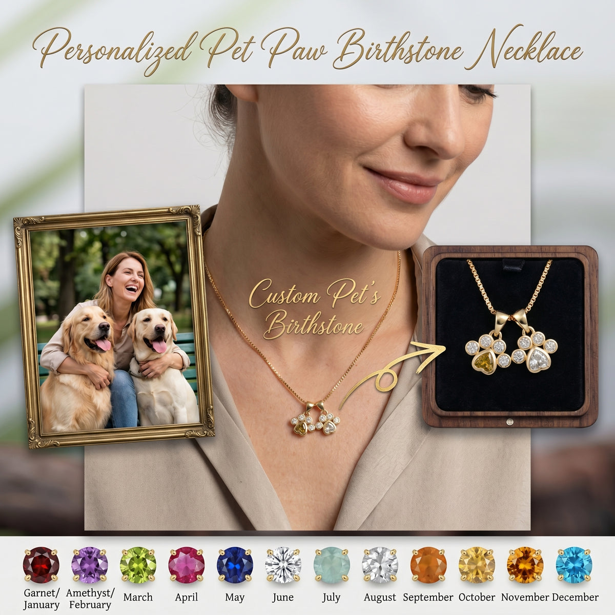 Personalized Heart Paw Birthstone Necklace - Gift For Dog Cat Lovers