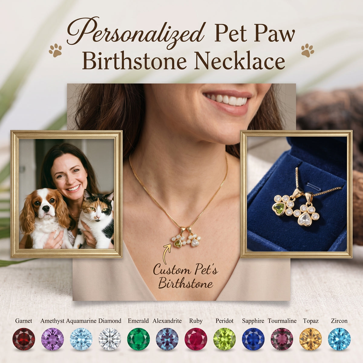 Personalized Heart Paw Birthstone Necklace - Gift For Dog Cat Lovers