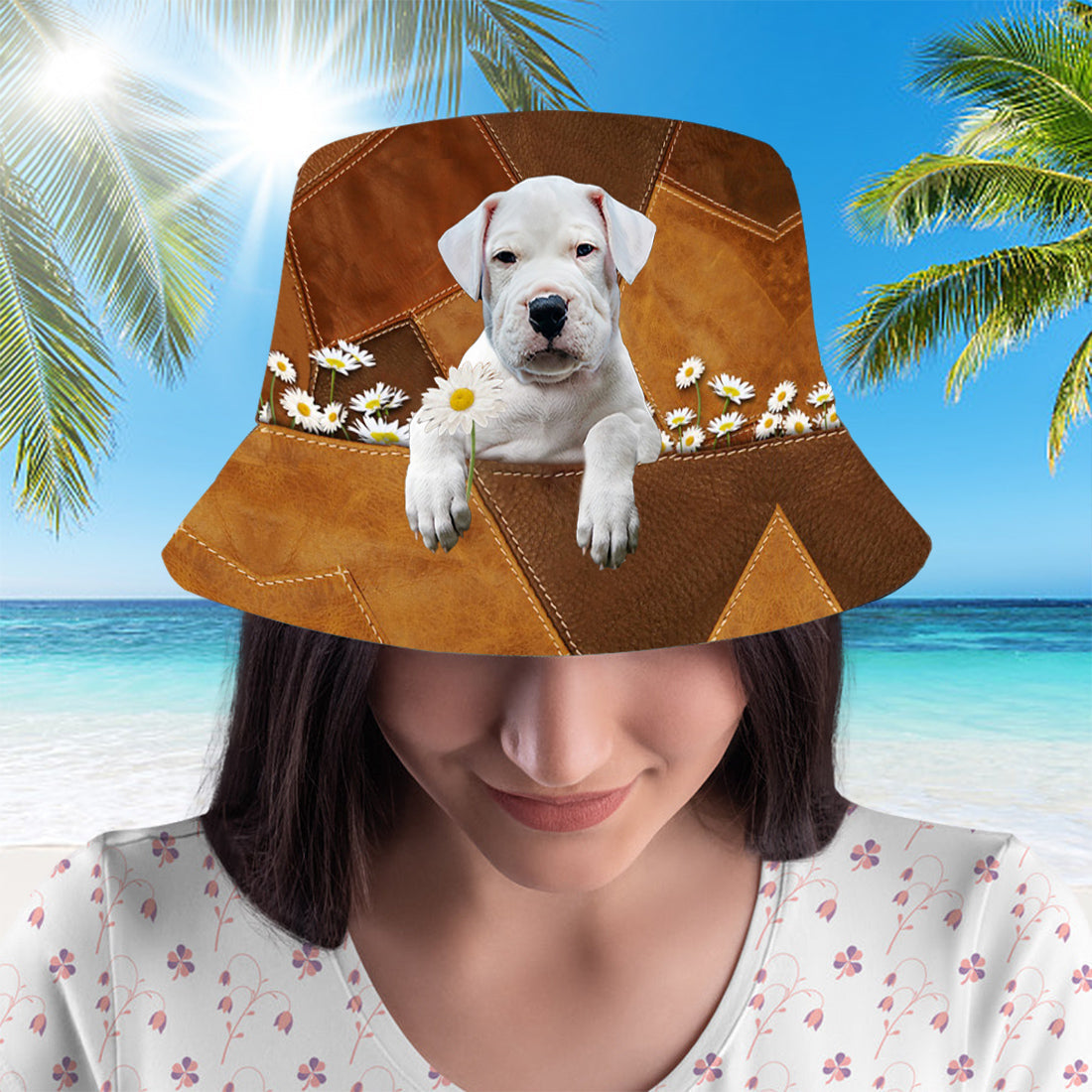Dogo Argentino Holding Daisy Bucket Hat