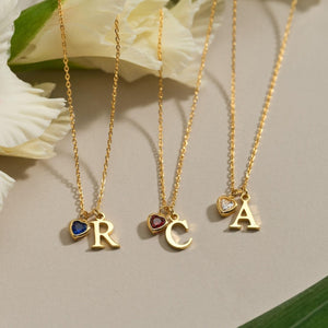 Initial Heart Birthstone Necklace - Birthday & Mothers Day Gift