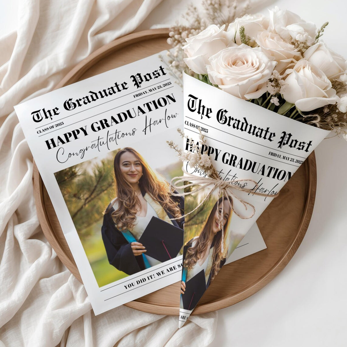 Personalized Printed Newspaper Bouquet Wrap-Graduation Gift, Class of 2026