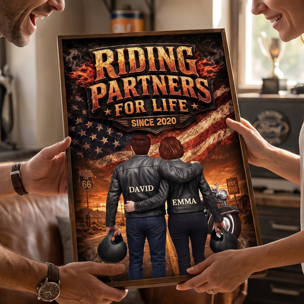 Bikers Couple Riding Partners for Life Nation Flag - Personalized Poster - Heartfelt Gift for Him, for Her