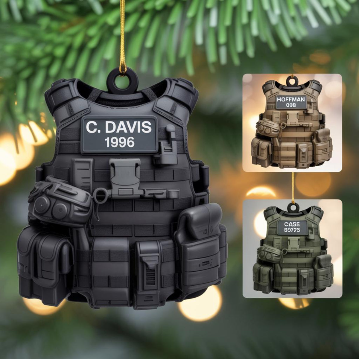 Personalized Tactical Vest Ornament with Name & Number – Custom Christmas Tree Decoration – Gift for Military, Police, Security Forces