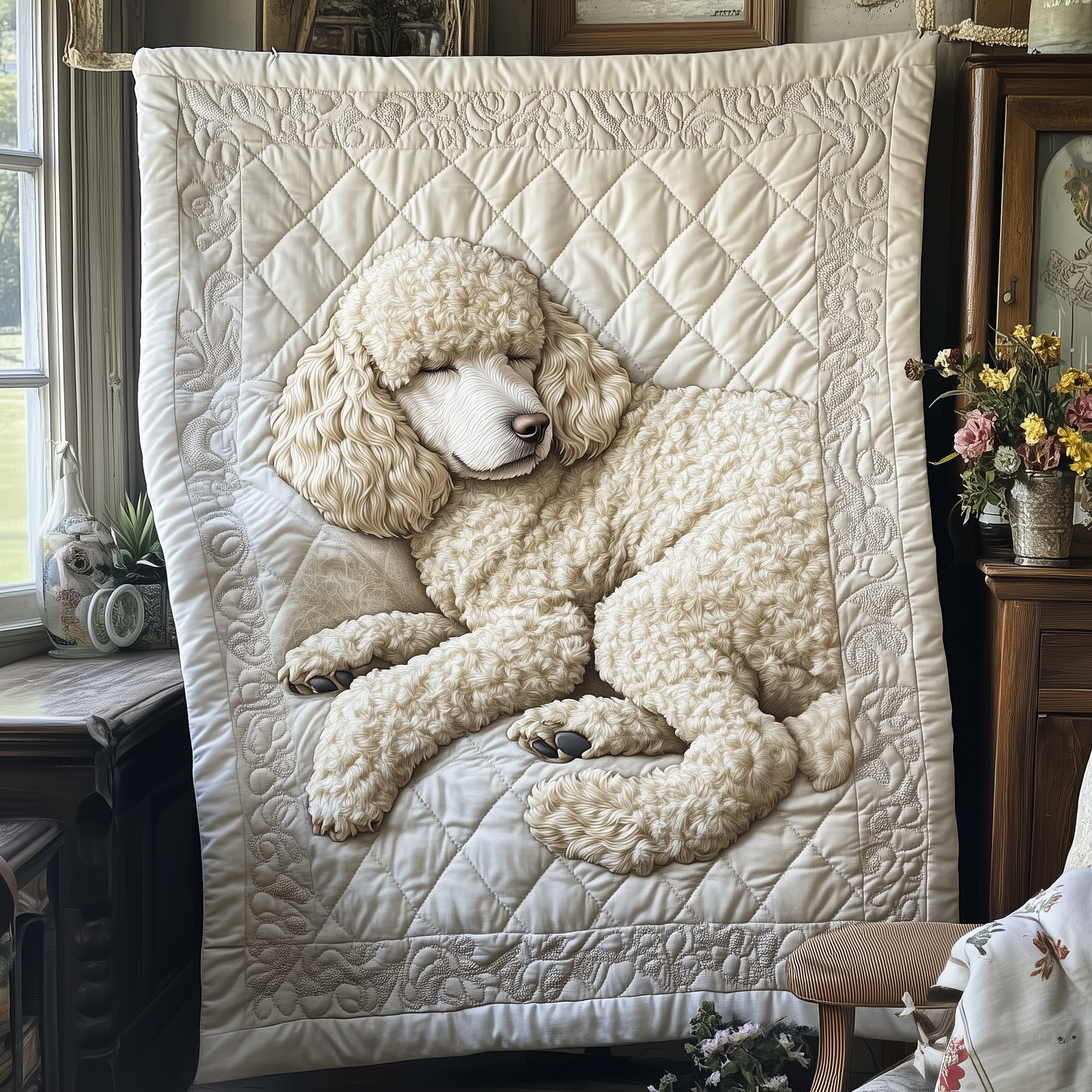 Restful White Poodle Quilted Blanket