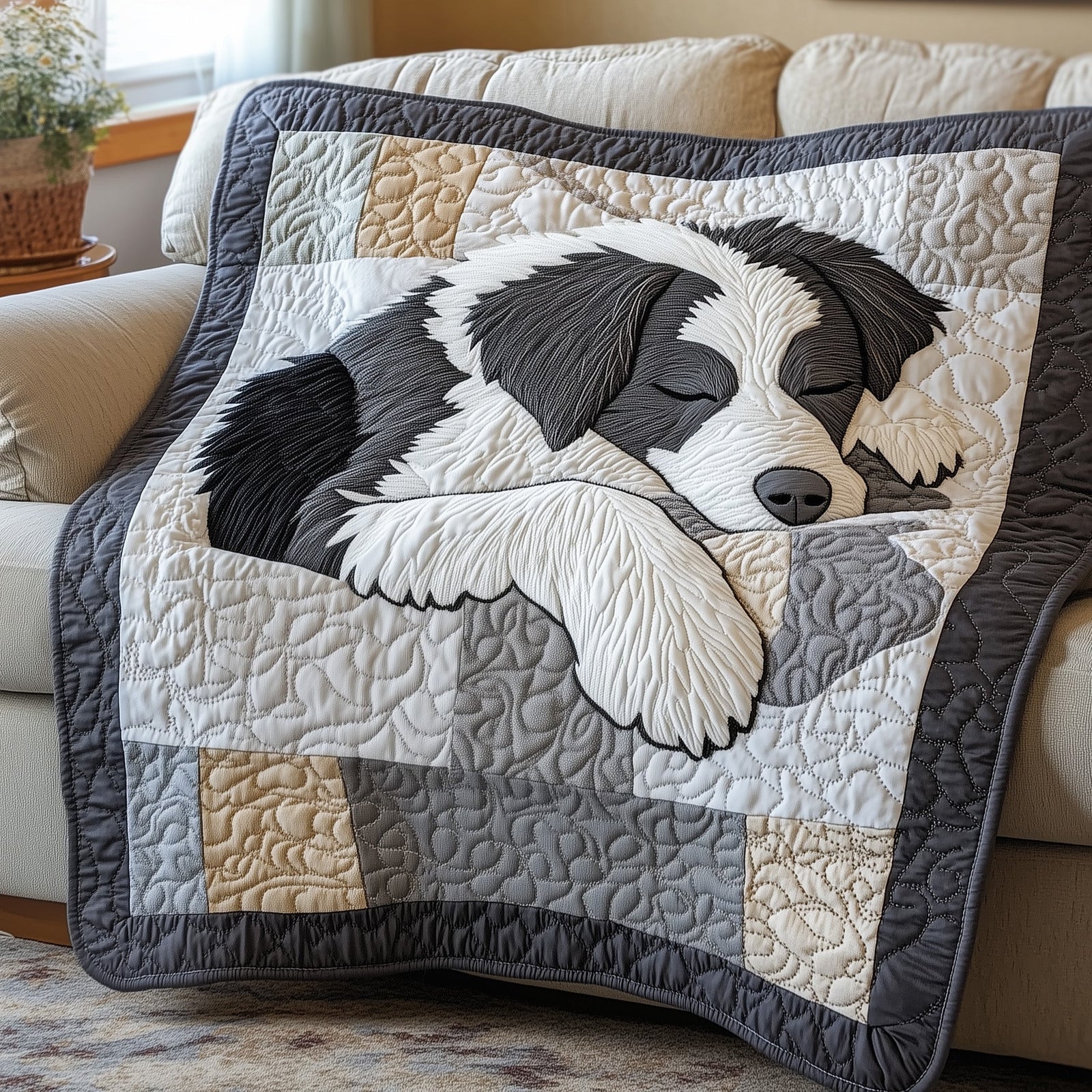 Sleepy Border Collie Quilted Blanket