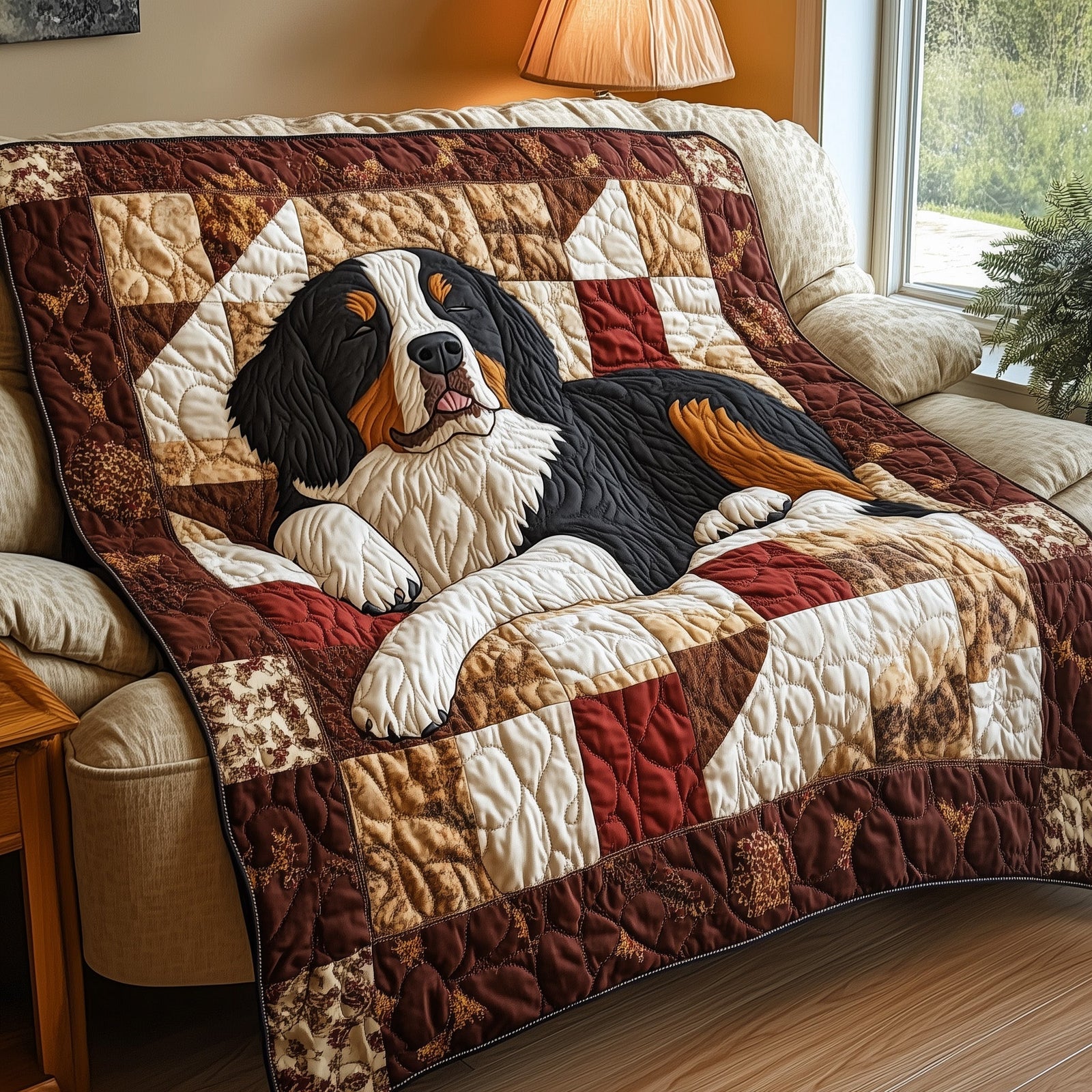 Happy Bernese Mountain Dog Quilted Blanket