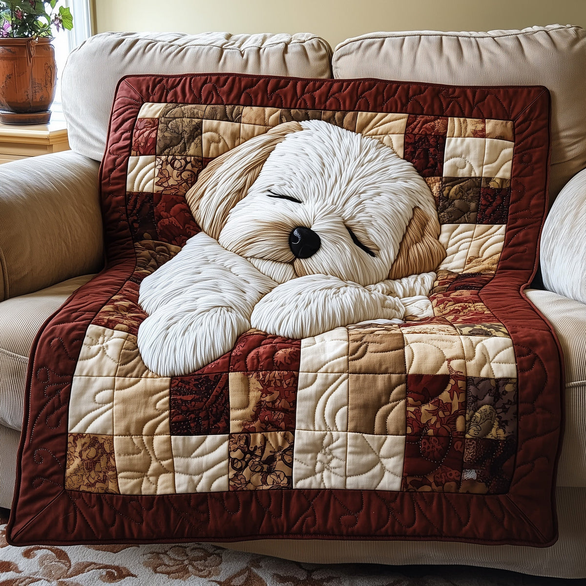Fluffy Maltese Bichon Quilted Blanket