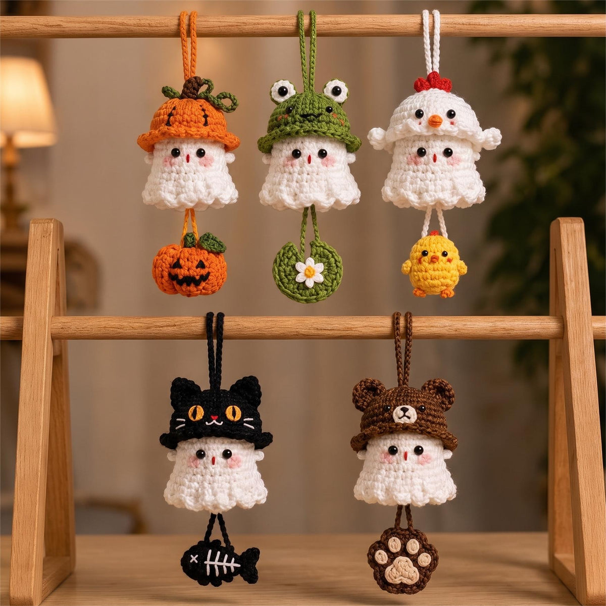 Halloween 2026 Crochet Ghost Car Charm, Handmade Mirror Accessory, Cute Spooky Car Ornament