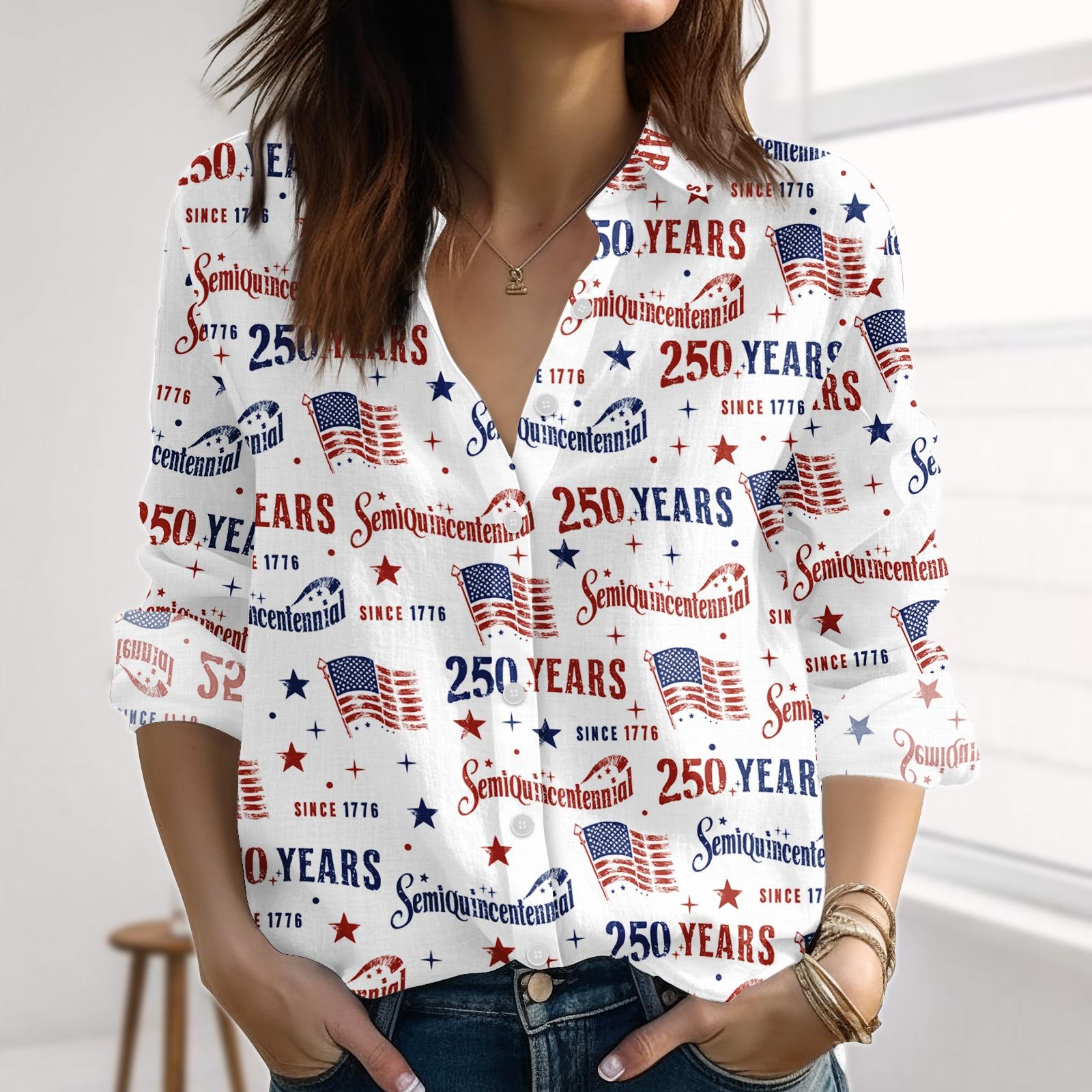 USA 250th Anniversary Blouse Shirt, Semiquincentennial Linen-Look Shirt