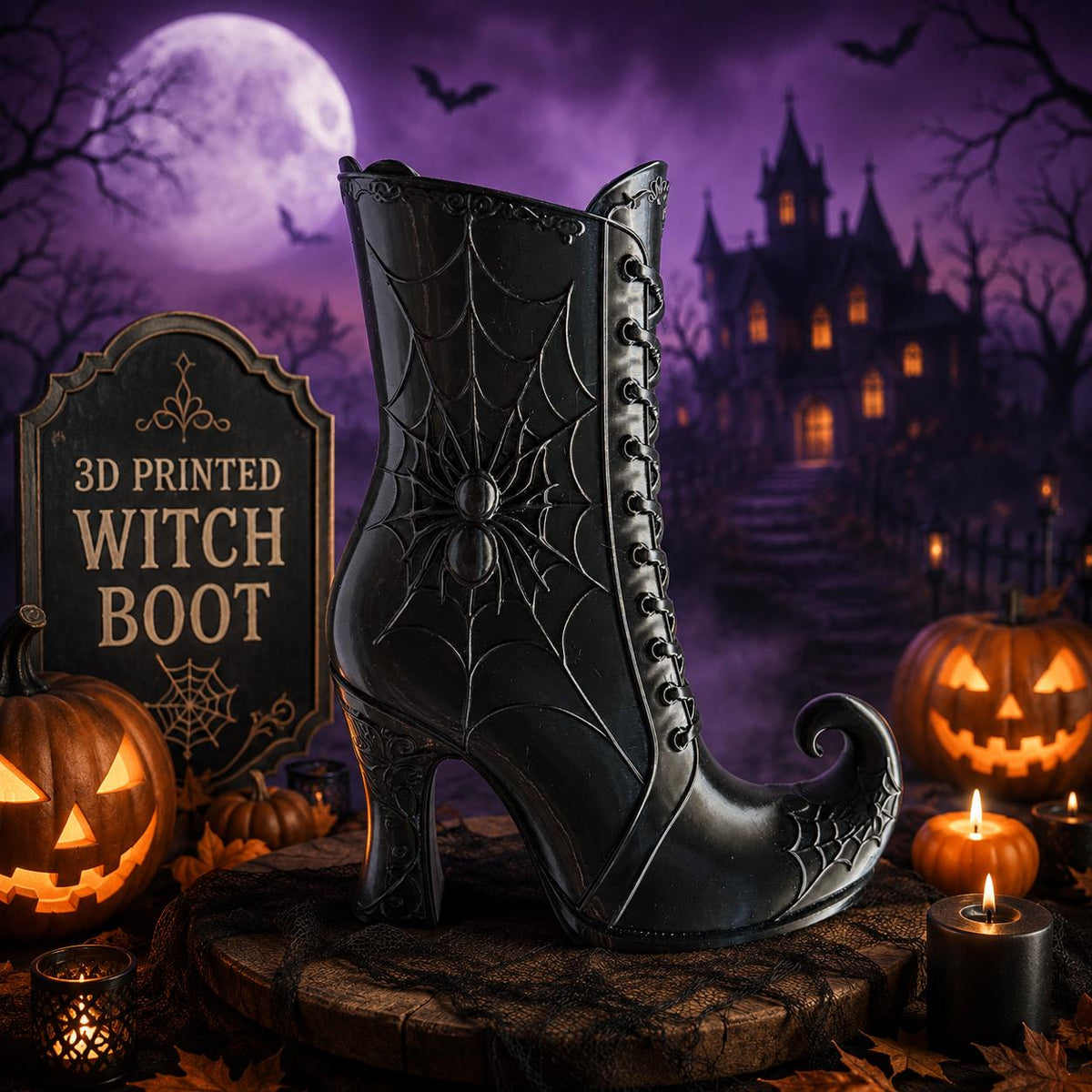 Halloween Witch Boot Vase, 3D Printed Spider Web Decor