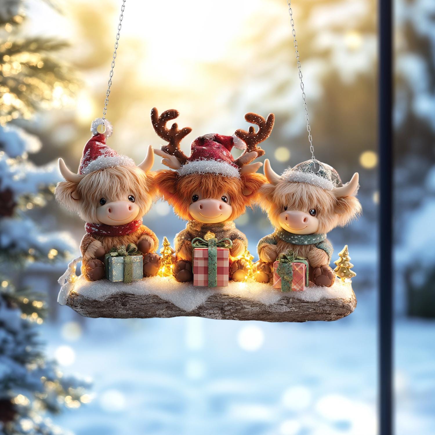 Highland Cow Christmas Window Suncather Ornament