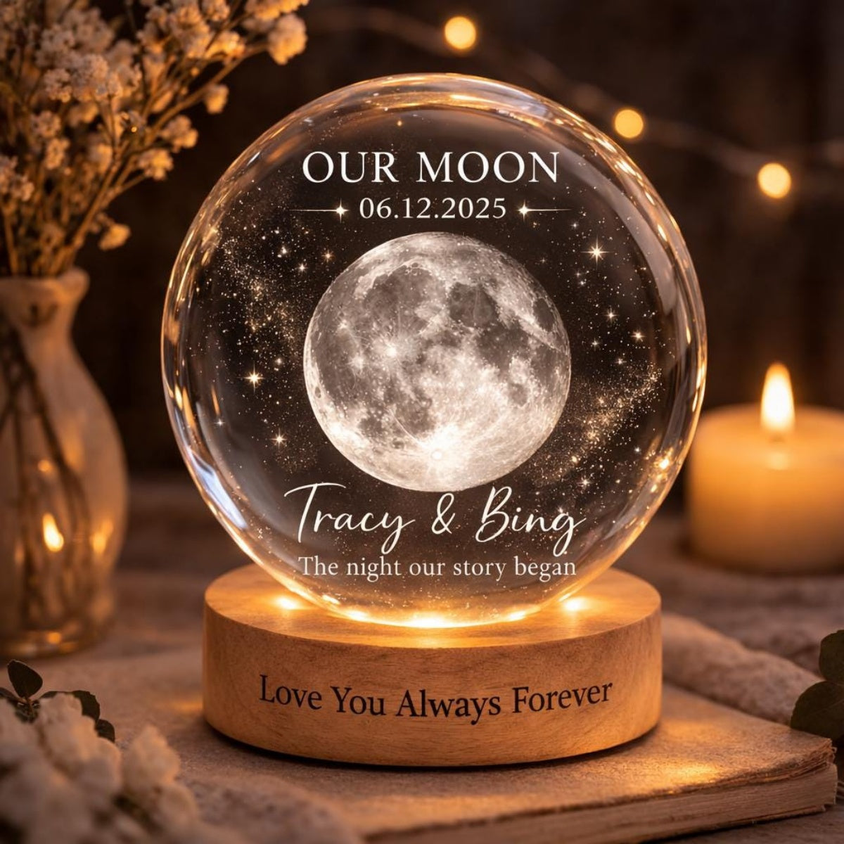 Our Special Day Moon - Personalized Moon Phase Crystal Ball Night Light - Anniversary Gift For Couple