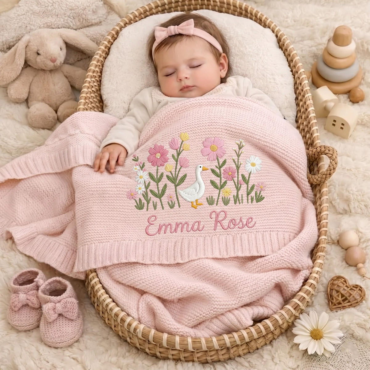 Personalized Embroidered Goose Floral Baby Blanket - Duck Wildflower Knit Throw, Newborn Gift For Baby