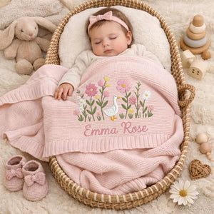 Personalized Embroidered Goose Floral Baby Blanket - Duck Wildflower Knit Throw, Newborn Gift For Baby