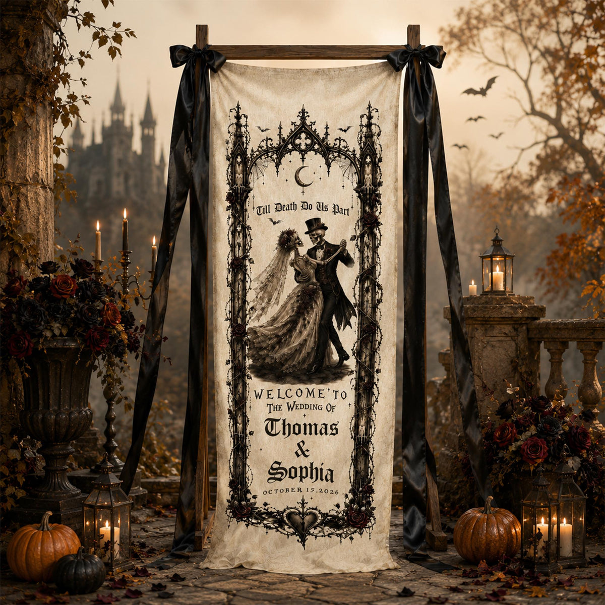 Personalized Gothic Wedding Tapestry, Halloween Wedding Welcome Sign