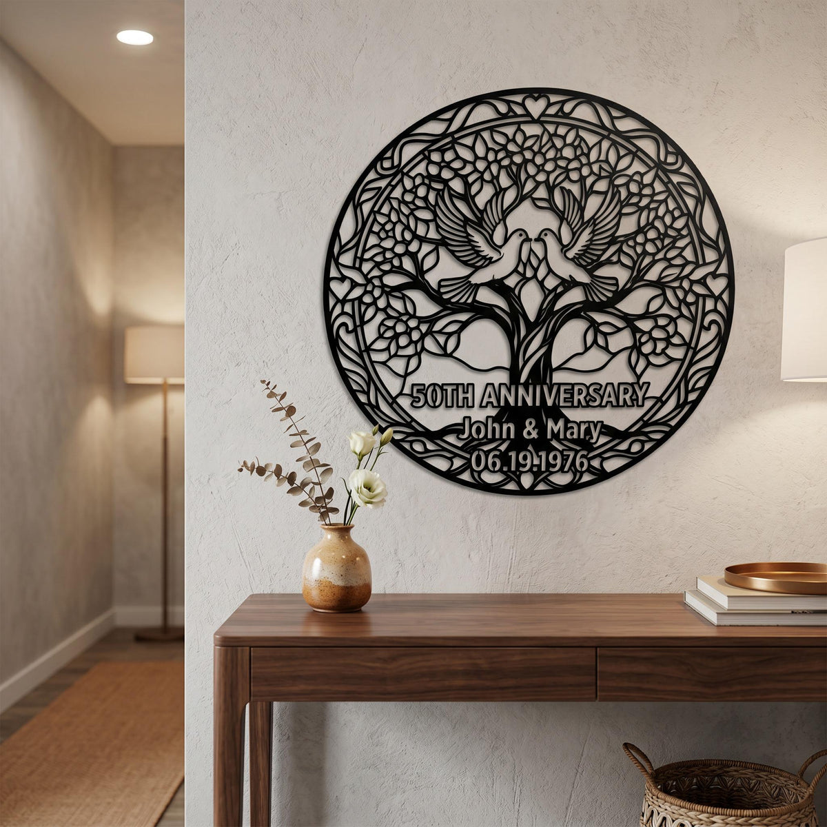 Personalized Anniversary Metal Sign, Tree of Life Love Birds Wall Art, Custom Couple Gift