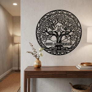 Personalized Anniversary Metal Sign, Tree of Life Love Birds Wall Art, Custom Couple Gift