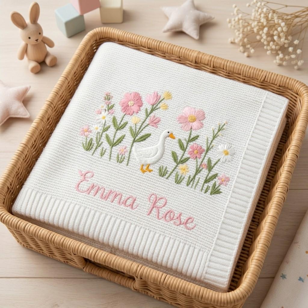 Personalized Embroidered Goose Floral Baby Blanket - Duck Wildflower Knit Throw, Newborn Gift For Baby