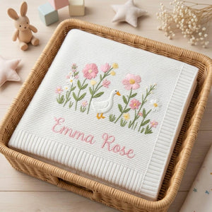 Personalized Embroidered Goose Floral Baby Blanket - Duck Wildflower Knit Throw, Newborn Gift For Baby