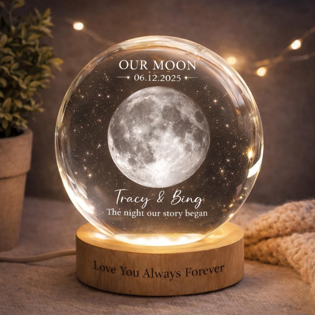 Our Special Day Moon - Personalized Moon Phase Crystal Ball Night Light - Anniversary Gift For Couple