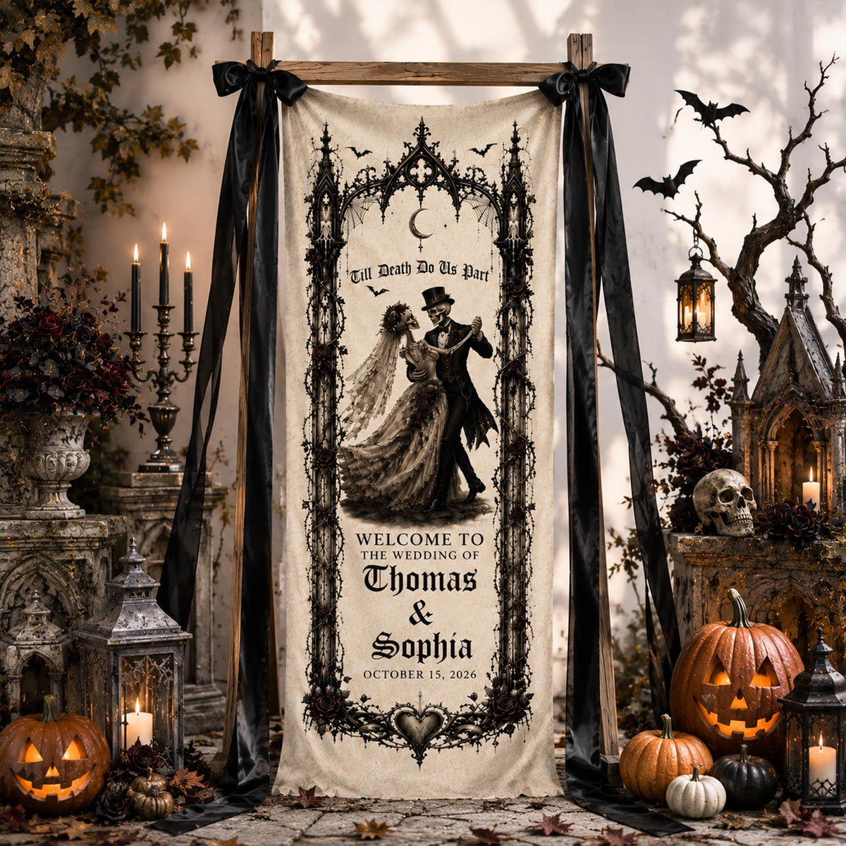 Personalized Gothic Wedding Tapestry, Halloween Wedding Welcome Sign