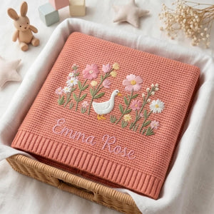 Personalized Embroidered Goose Floral Baby Blanket - Duck Wildflower Knit Throw, Newborn Gift For Baby