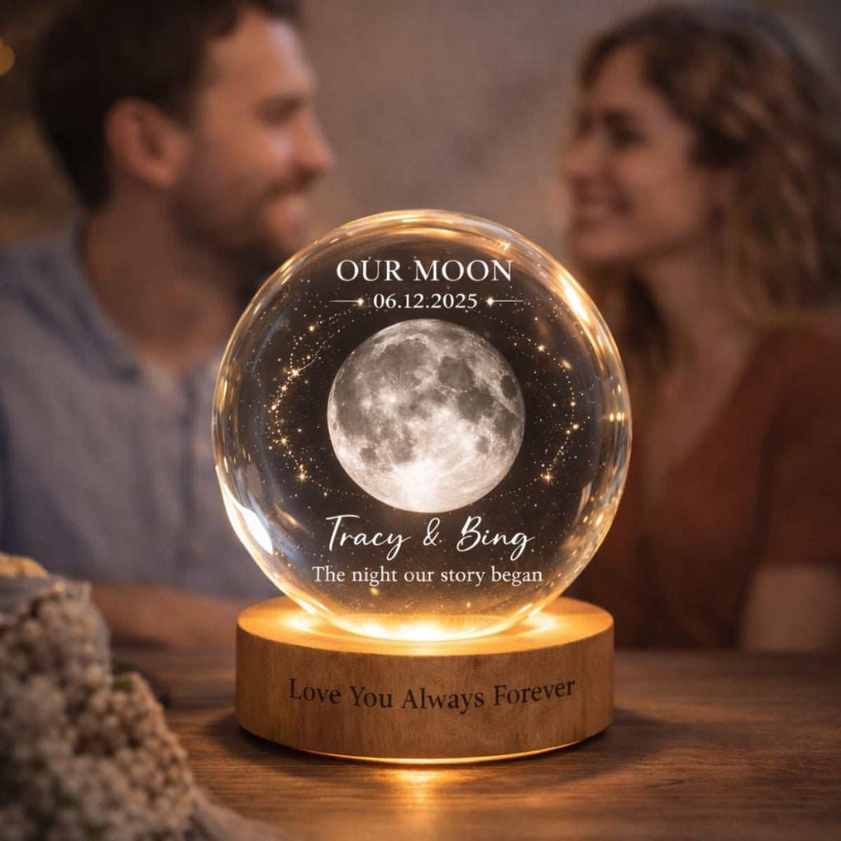 Our Special Day Moon - Personalized Moon Phase Crystal Ball Night Light - Anniversary Gift For Couple
