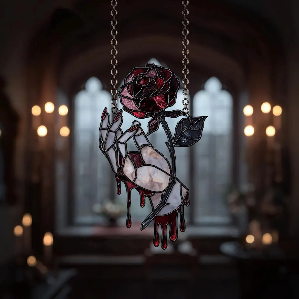 Gothic Bloody Rose Hand Acrylic Suncatcher - Faux Stained Glass Window Hanging, Gothic Vampire Decor, Unique Gift For Dark Romance Lovers