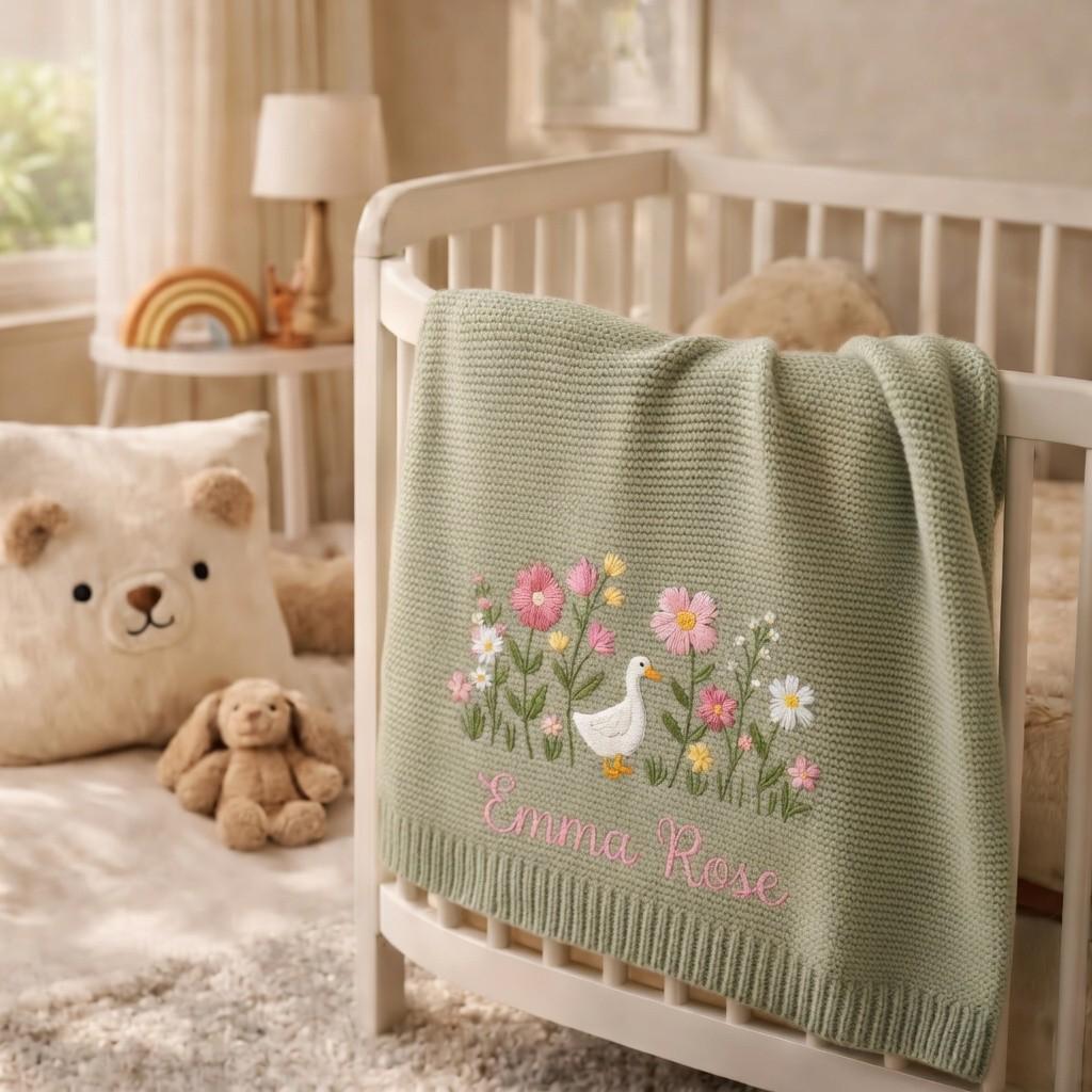Personalized Embroidered Goose Floral Baby Blanket - Duck Wildflower Knit Throw, Newborn Gift For Baby