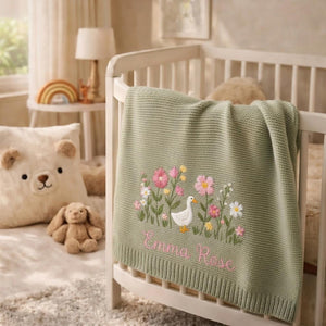 Personalized Embroidered Goose Floral Baby Blanket - Duck Wildflower Knit Throw, Newborn Gift For Baby
