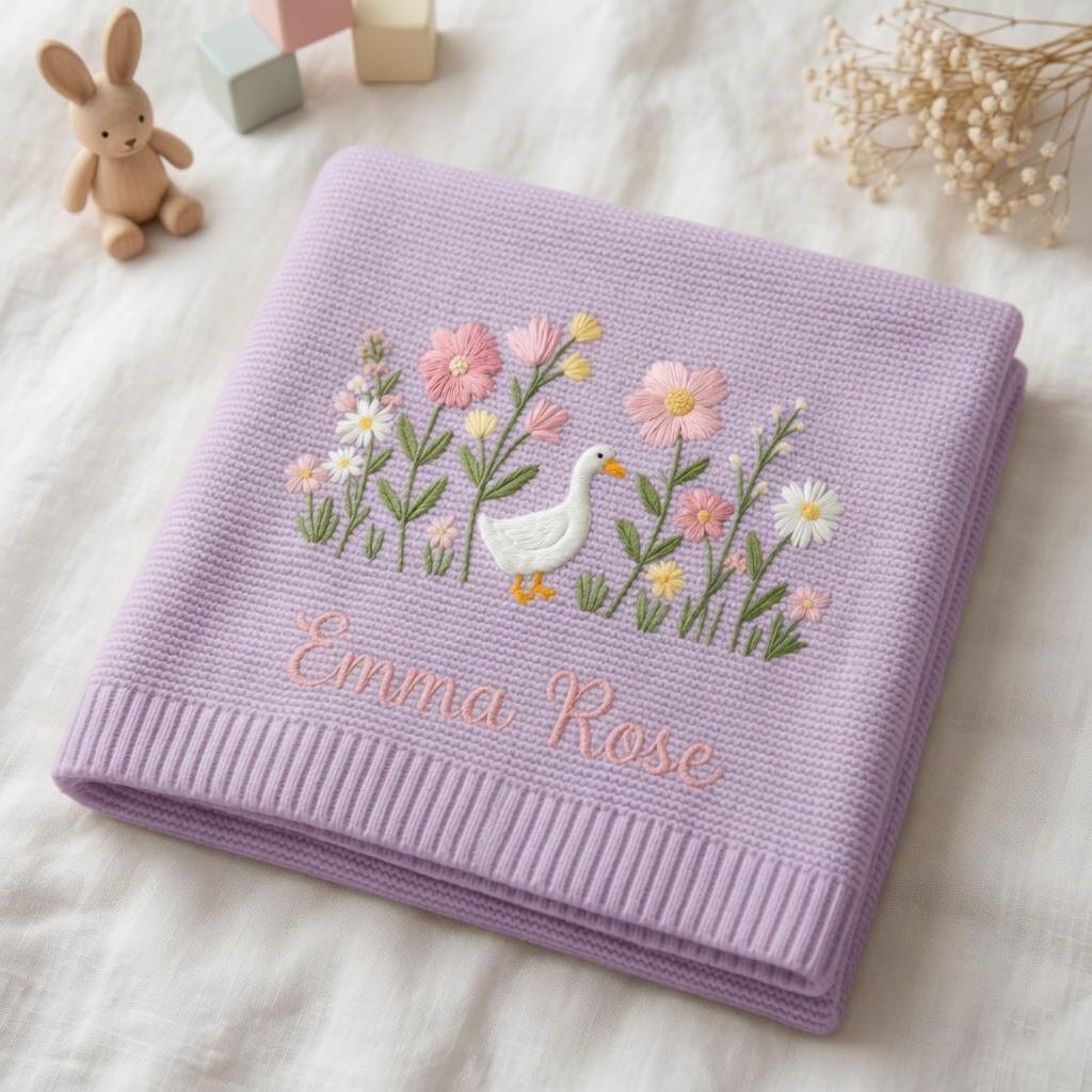 Personalized Embroidered Goose Floral Baby Blanket - Duck Wildflower Knit Throw, Newborn Gift For Baby