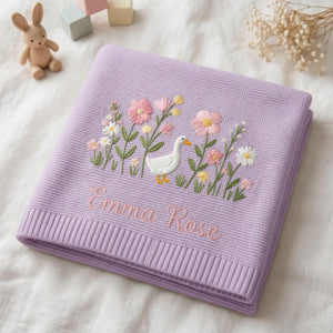 Personalized Embroidered Goose Floral Baby Blanket - Duck Wildflower Knit Throw, Newborn Gift For Baby