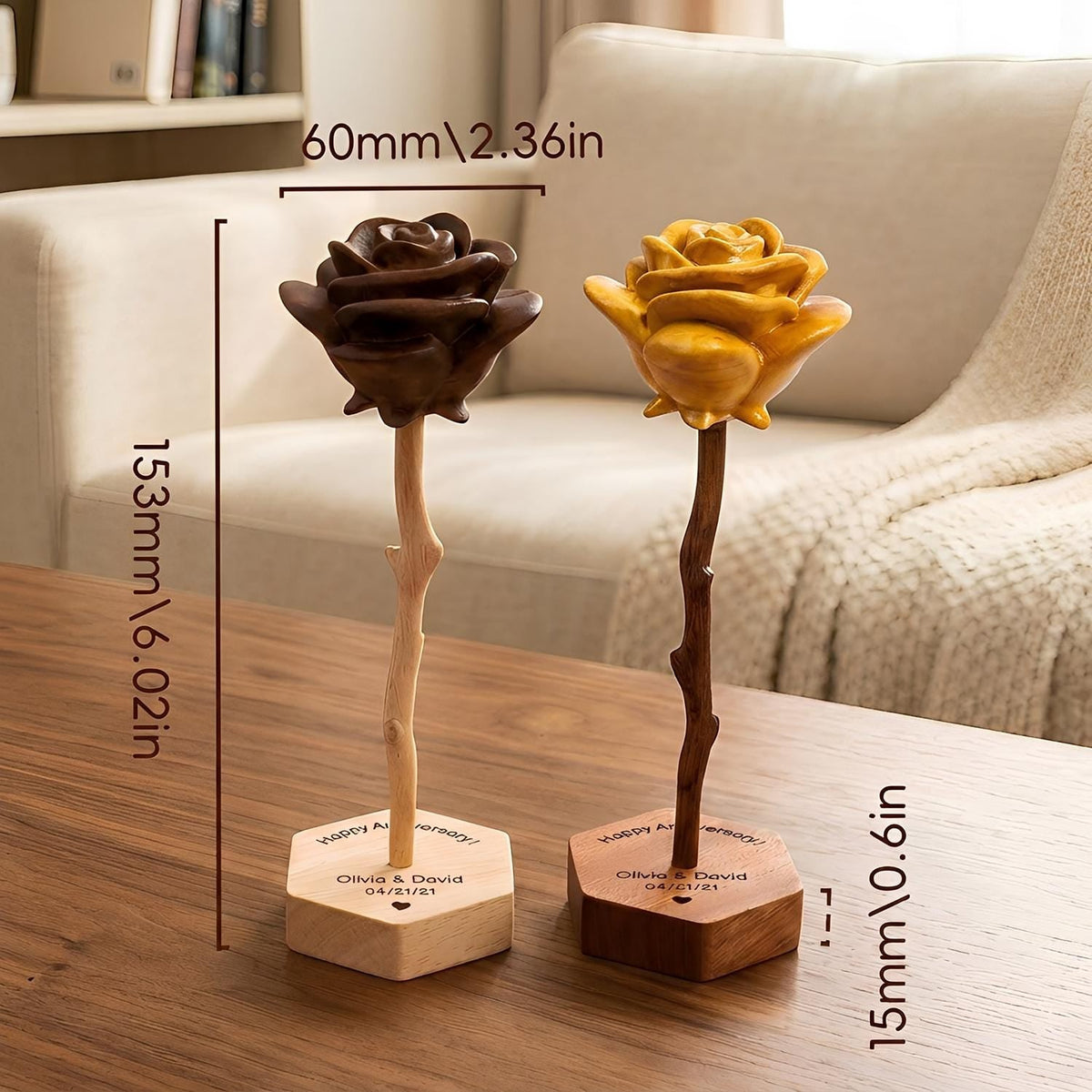 Hand-carved wooden roses – Personalized Engraved Base