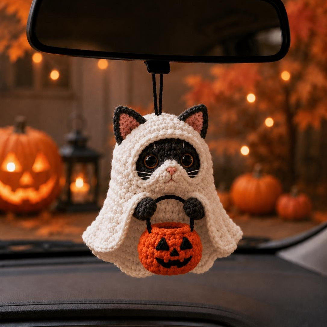 Crochet Ghost Cat,Crochet Ghost Cute Halloween Ornament