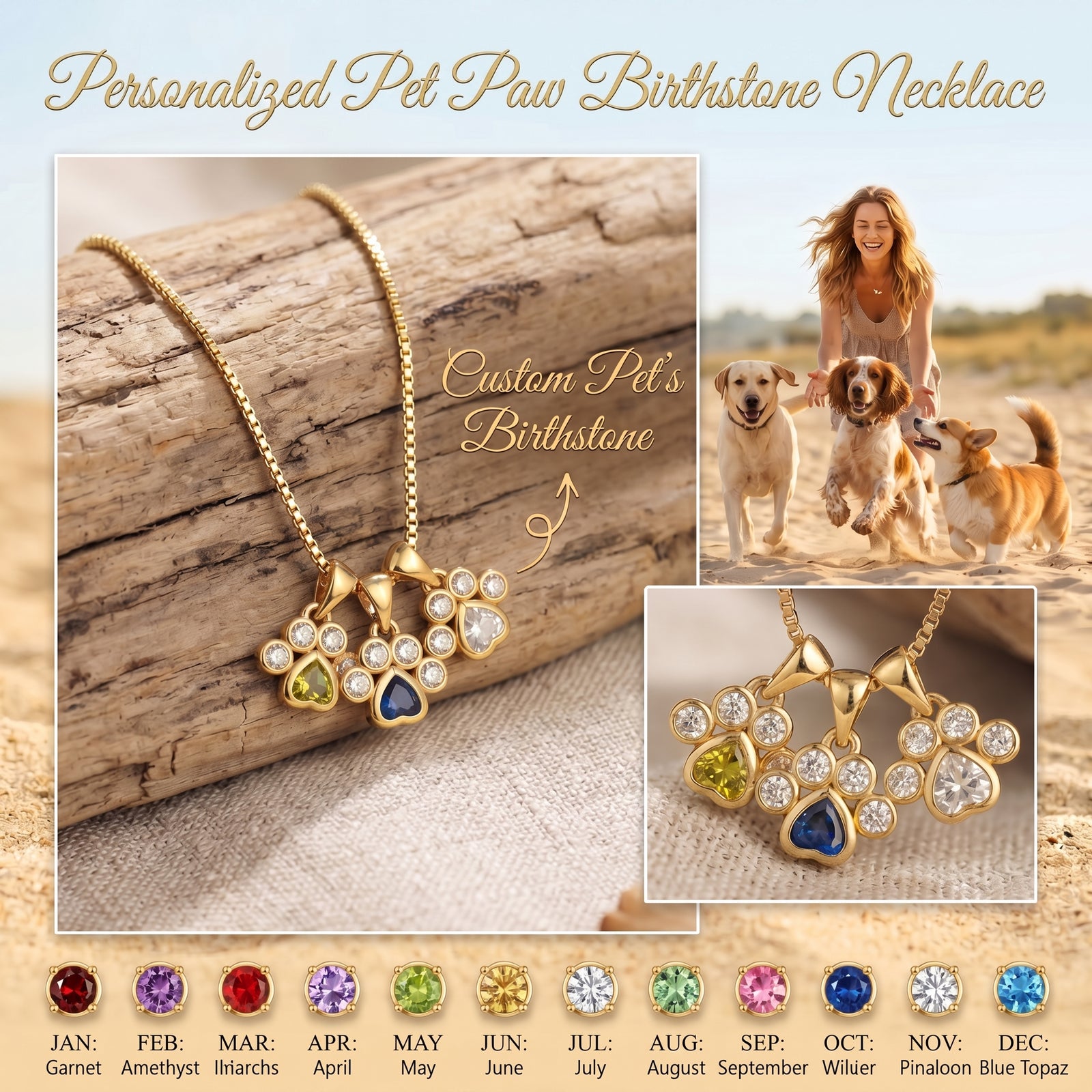 Personalized Heart Paw Birthstone Necklace - Gift For Dog Cat Lovers