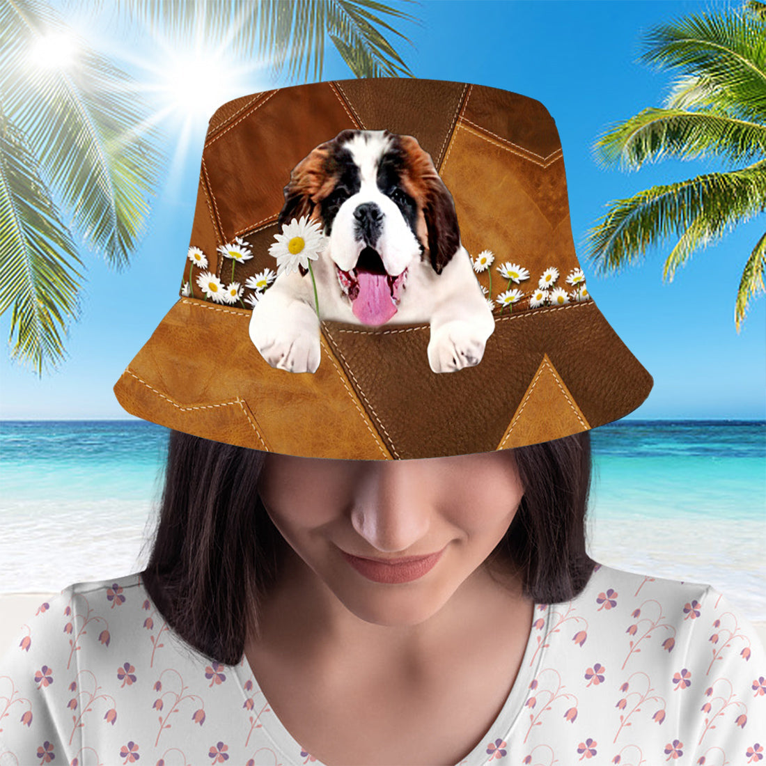 Saint Bernard Holding Daisy Bucket Hat
