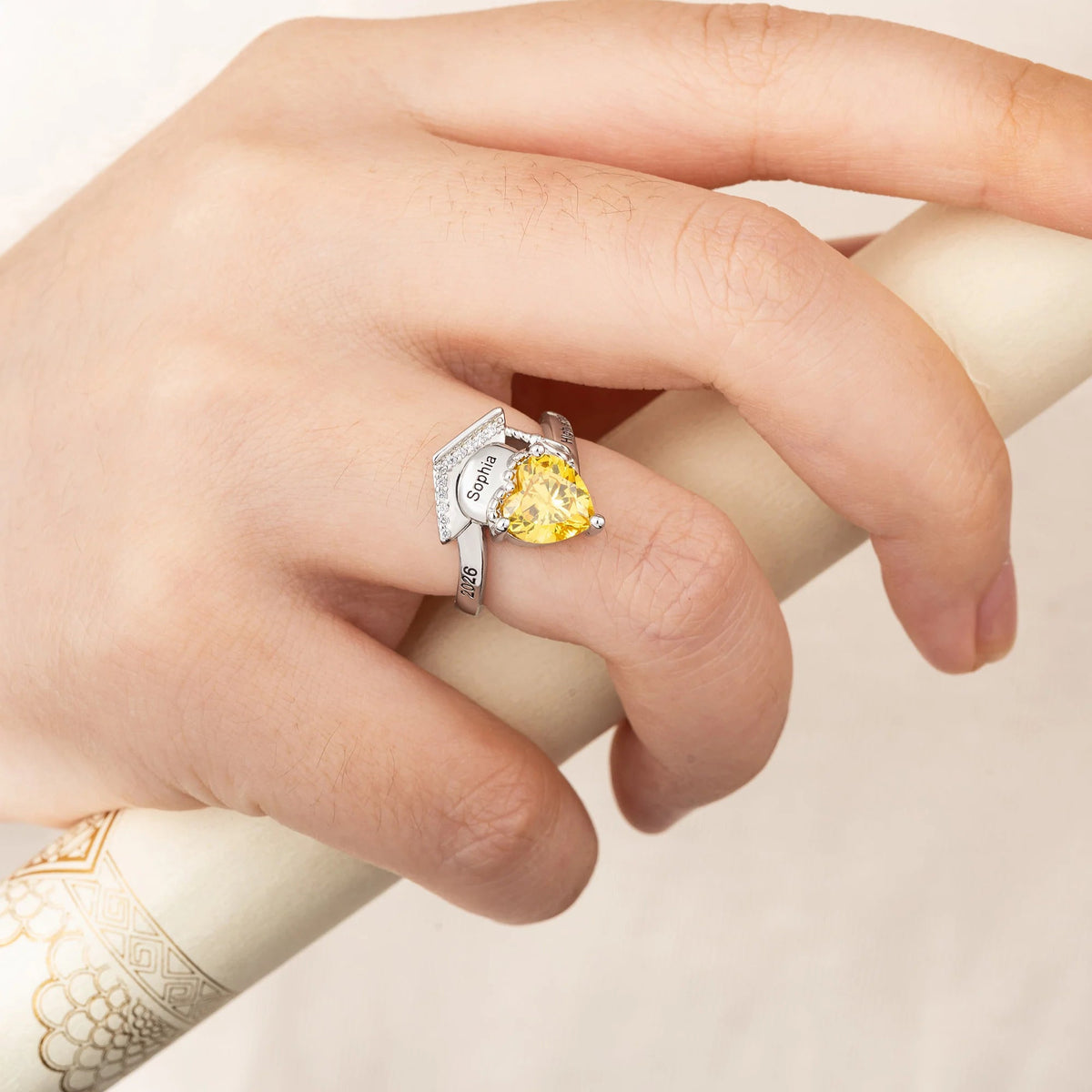 Personalized Zircon Grad Cap Heart Birthstone Ring - Dainty Jewelry Birthday Graduation Gift for Women Graduates